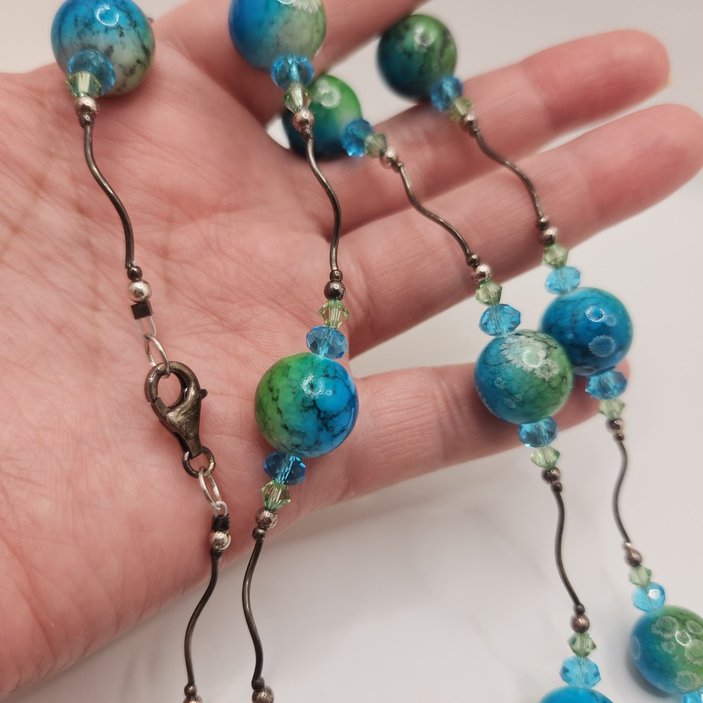 925 Sterling Silver Blue‎ Green Glass Stone Pattern Beaded Station Necklace 30"